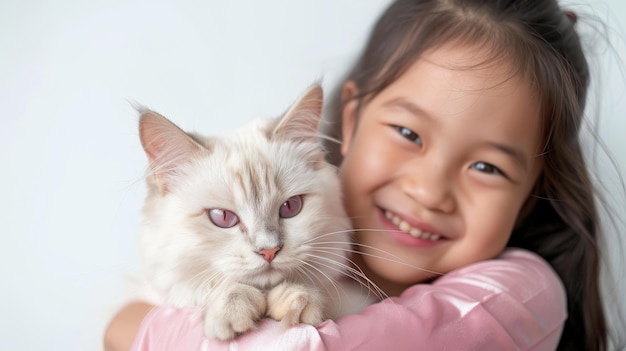 Une fille qui serre un chat blanc.