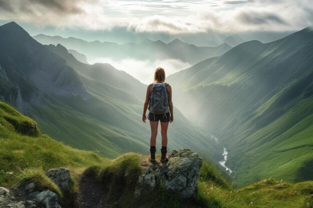 Fille en randonnée dans les montagnes du matin