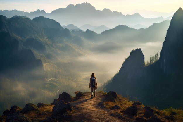 Fille en randonnée dans les montagnes du matin