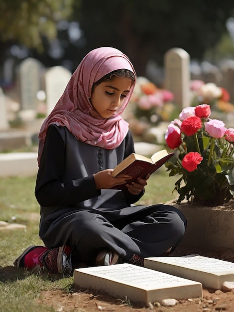 Une fille récite le Coran devant la tombe de sa mère.