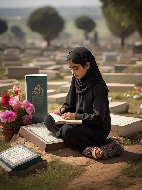 Une fille récite le Coran devant la tombe de sa mère.