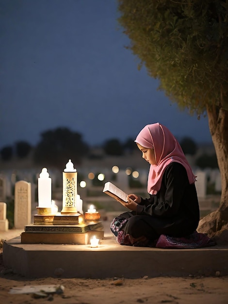 Une fille récite le Coran devant la tombe de sa mère.