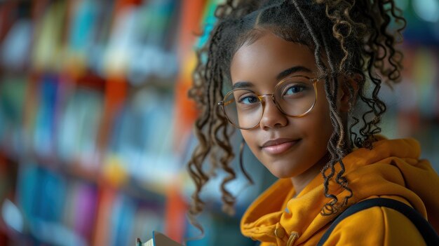 Une fille réfléchie avec des lunettes dans une bibliothèque