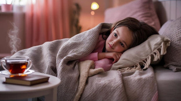 Une fille réfléchie posant à la maison dans un lit confortable