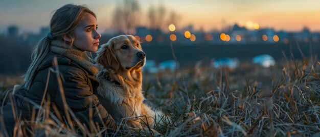 Fille réfléchissante avec un chien au coucher du soleil d'automne