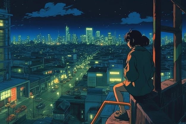 Une fille regardant au-dessus d'une ville la nuit