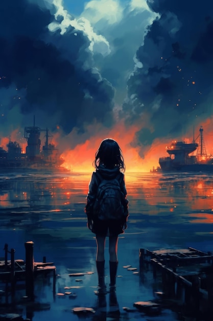 Une fille regardant l'eau et le ciel