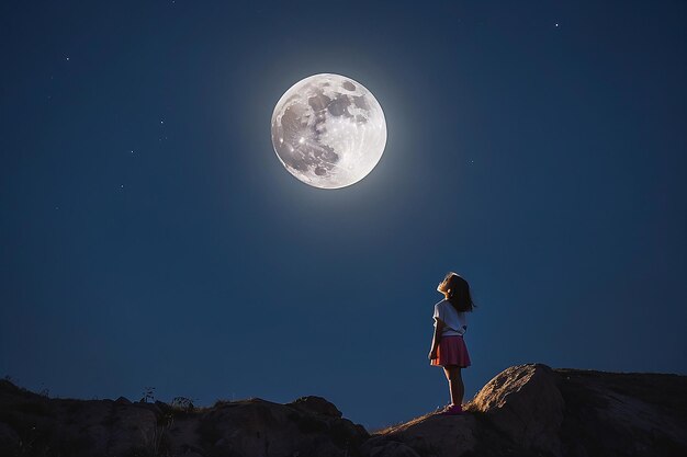 Une fille regardant la lune dans le ciel