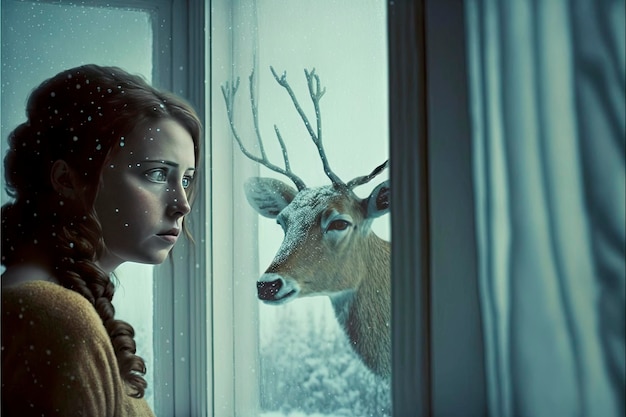 Une fille regardant par la fenêtre avec un cerf sur la fenêtre