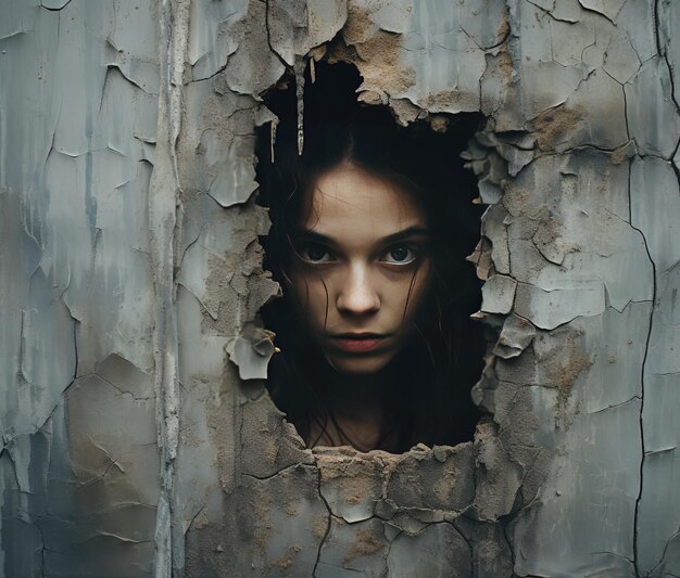 une fille regardant à travers un trou dans un mur métallique