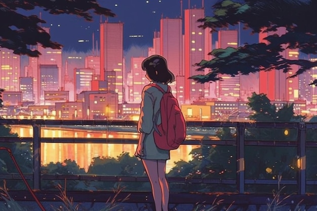 Une fille regardant une ville la nuit