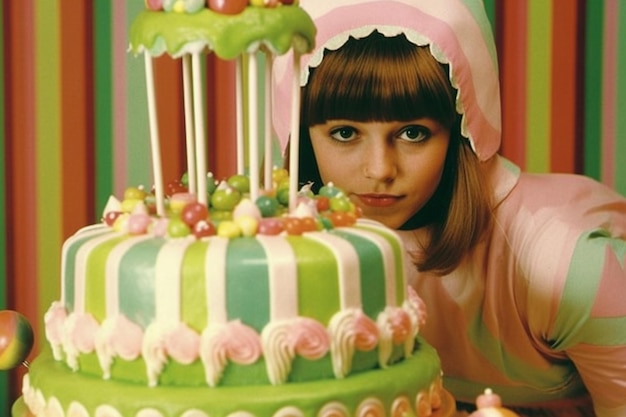 Une fille regarde un gâteau avec des bonbons dessus Gâteaux et desserts vintage des années 1960 70