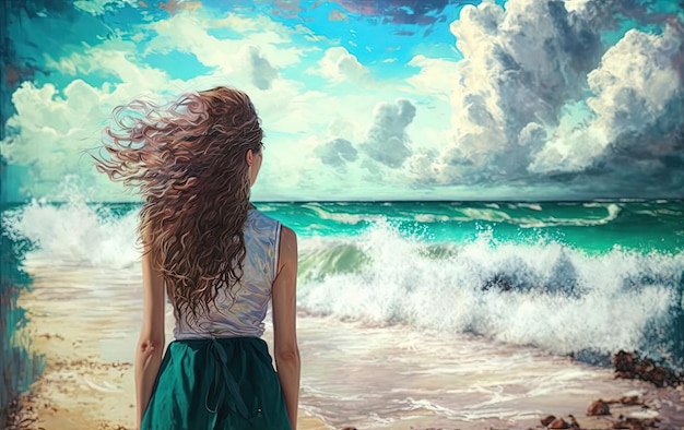 Une fille regarde la mer par un jour venteux Ciel nuageux regardant l'horizon de l'océan Méditation Generative AI Illustration