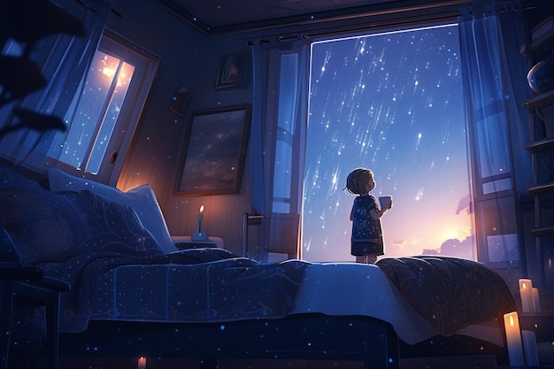 Une fille regarde par la fenêtre la nuit