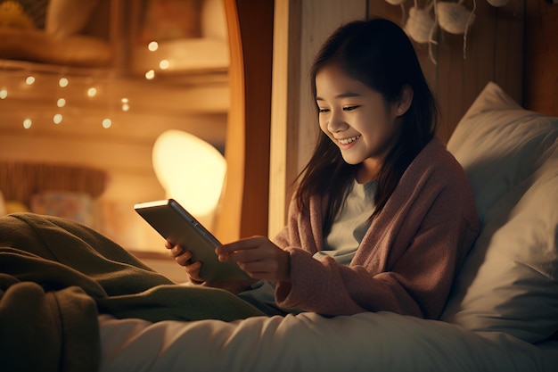 Photo une fille regarde son téléphone portable la nuit.