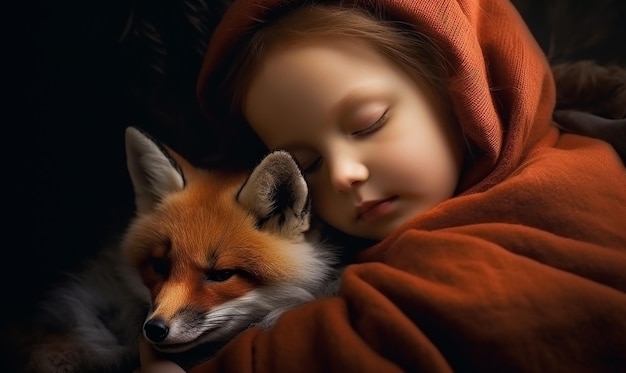 une fille avec un renard rouge et une couverture rouge