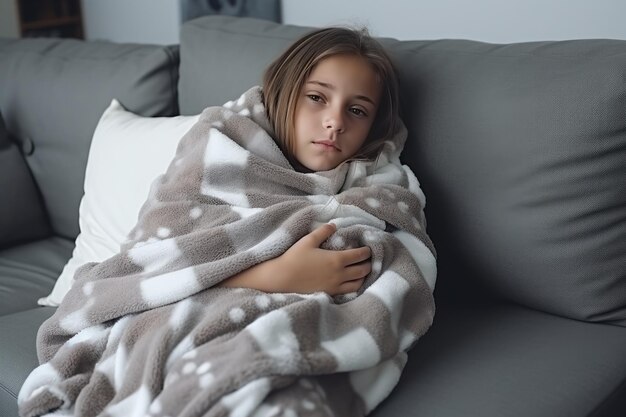 Photo la fille repose sur un canapé doux enveloppée dans une couverture un enfant malade dort