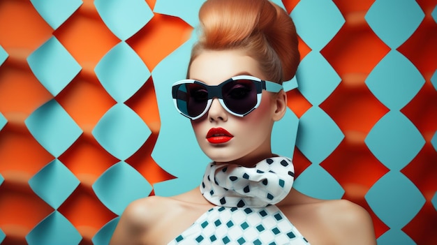 Fille rétro de mode portant des lunettes de soleil Femme pop art futuriste avec fond de motif géométrique