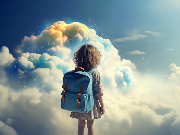 Photo une fille rêveuse avec un sac à dos se tient au milieu des nuages regardant un nuage moelleux dans le ciel fantasy pho