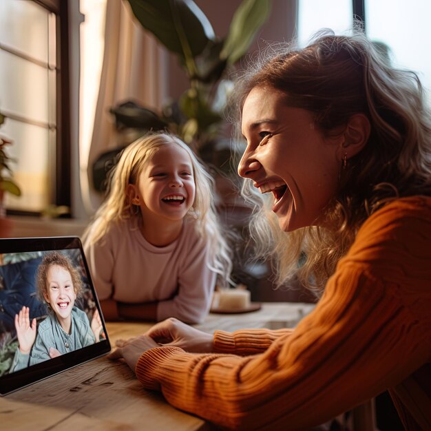 Photo une fille rit avec un ordinateur portable et la fille rit