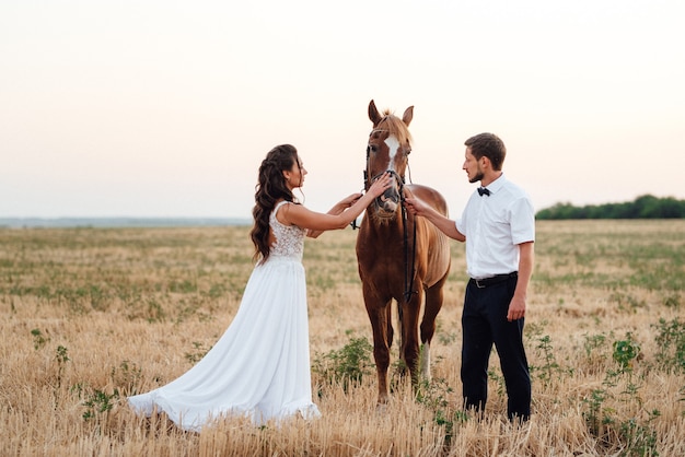 Une fille en robe blanche et un gars en chemise blanche lors d'une promenade avec des chevaux bruns dans le village