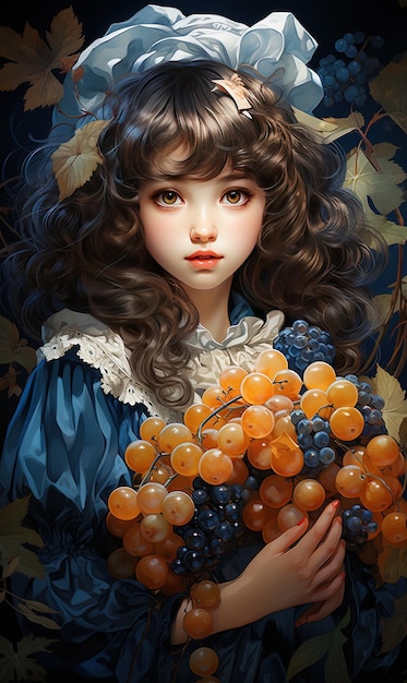 une fille avec une robe bleue et un bouquet de raisins