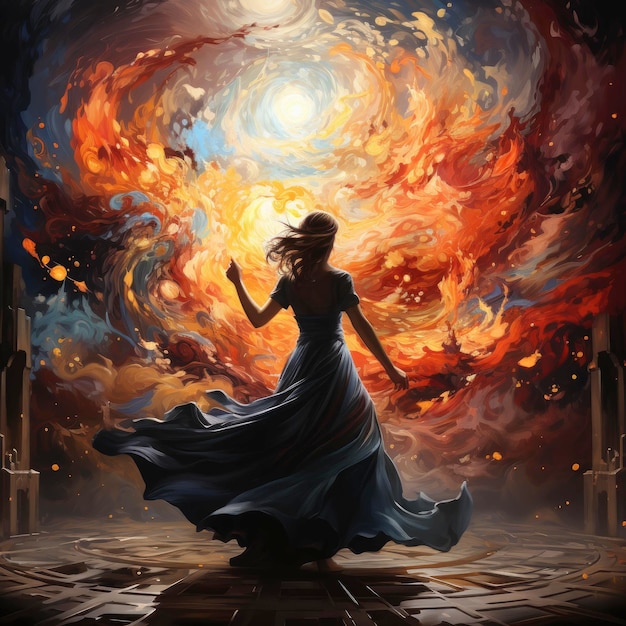 une fille en robe bleue se tient devant un feu d'artifice avec la lune derrière elle.