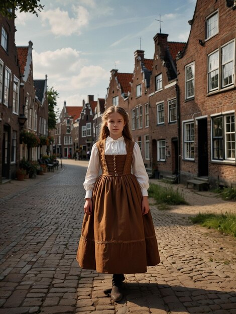 Photo une fille en robe brune se tient devant un bâtiment en brique