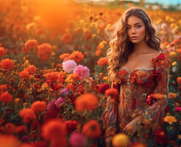 Fille en robe de dentelle avec fond de fleurs