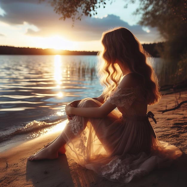 Une fille en robe est assise sur le rivage du lac le soir.