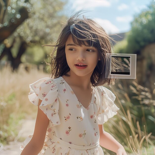 Photo une fille avec une robe à fleurs se tient dans un champ