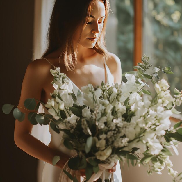 une fille en robe de mariée blanche tient dans ses mains un bouquet de fleurs de mariage