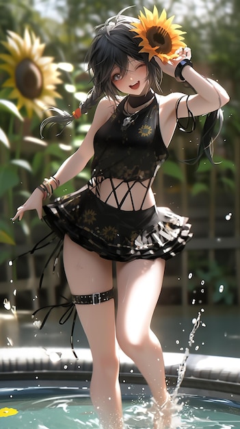 Une fille en robe noire danse dans l'eau.