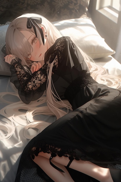 Une fille en robe noire est allongée sur un lit avec un oreiller.