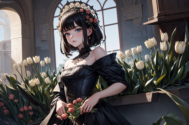 Une fille en robe noire avec des fleurs