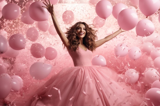 Une fille en robe rose avec des ballons roses.