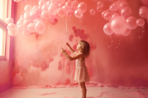 Une fille en robe rose danse devant un mur rose