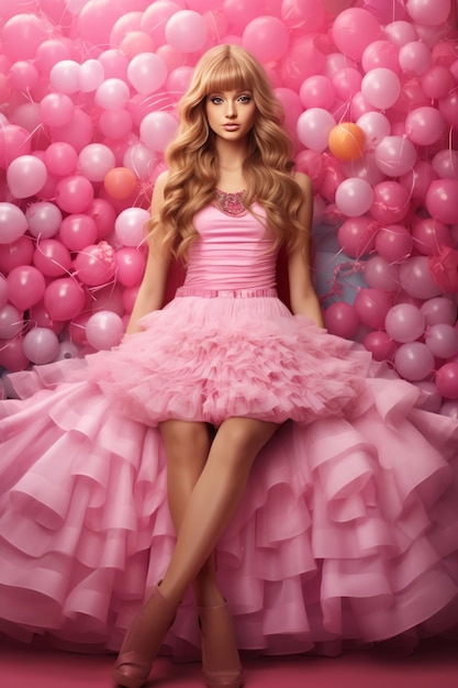 une fille en robe rose est assise devant des ballons