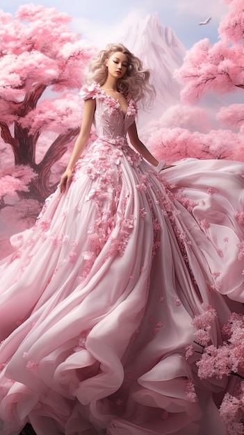 La fille avec la robe rose.