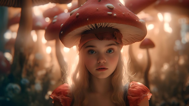 Une fille en robe rouge avec un chapeau champignon