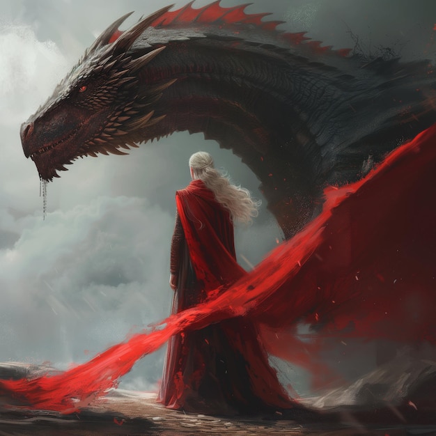 Une fille en robe rouge et un dragon