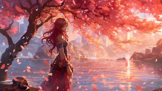 Une fille en robe rouge marche dans une illustration d'anime d'étang