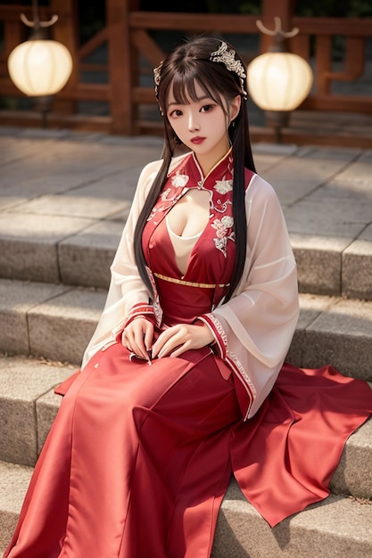 Une fille en robe rouge avec le mot hanfu dessus