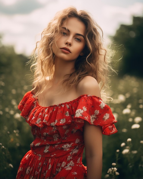 La fille en robe rouge pose magnifiquement