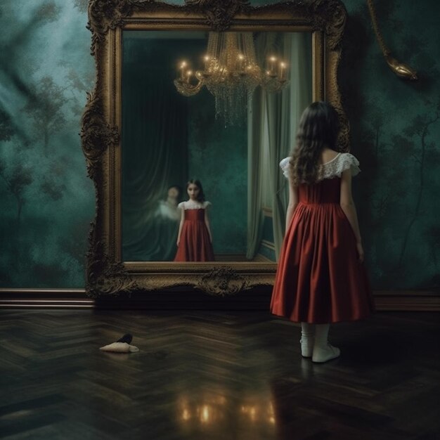 Une fille en robe rouge se tient devant un miroir avec une bougie allumée en arrière-plan.