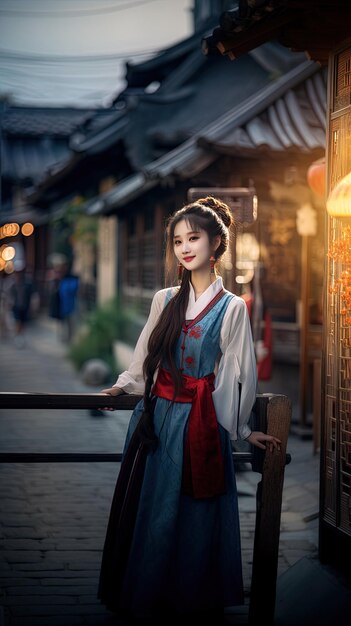 une fille en robe traditionnelle se dresse sur une clôture en bois.