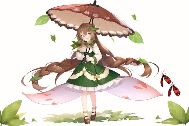 Une fille avec une robe verte et un parapluie vert avec des feuilles dessus.