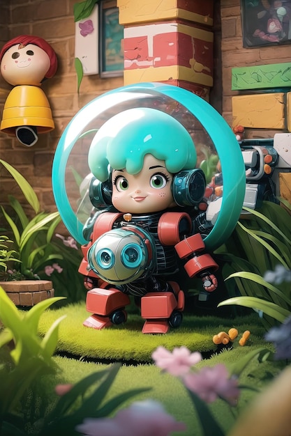 une fille avec un robot et une bulle en arrière-plan.