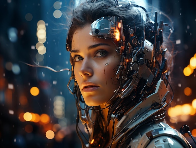 Photo une fille robot dans un costume de cyborg contre un mur led