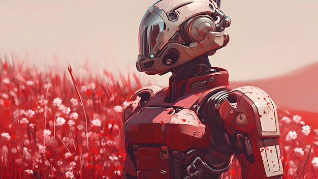 Fille robot romantique en armure debout dans un champ de coquelicots image générée par le réseau de neurones